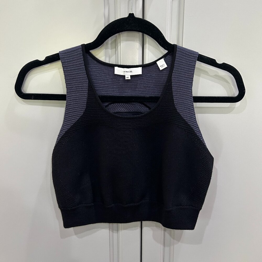 Vince Black & Navy Multi Stitch Sweater Crop Top Scoop Neck Top Sz M/L
